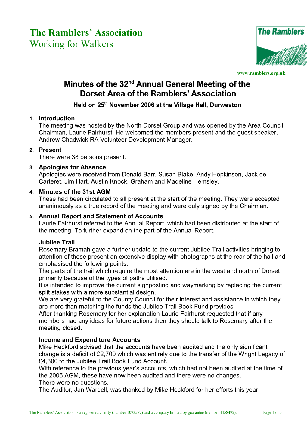 Minutes of the 32Nd Annual General Meeting of the Dorset Area of the Ramblers' Association
