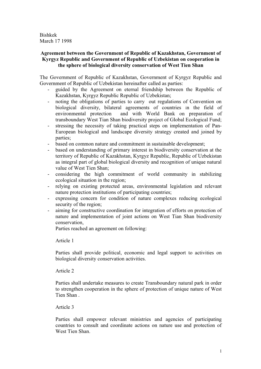 Agreement Between the Government of Republic of Kazakhstan, Government of Kyrgyz Republic
