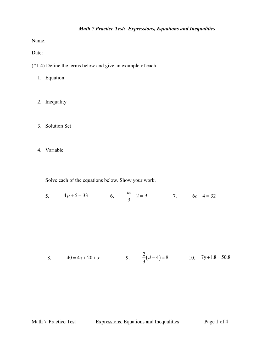 Math 7 Practice Test: Expressions, Equations and Inequalities