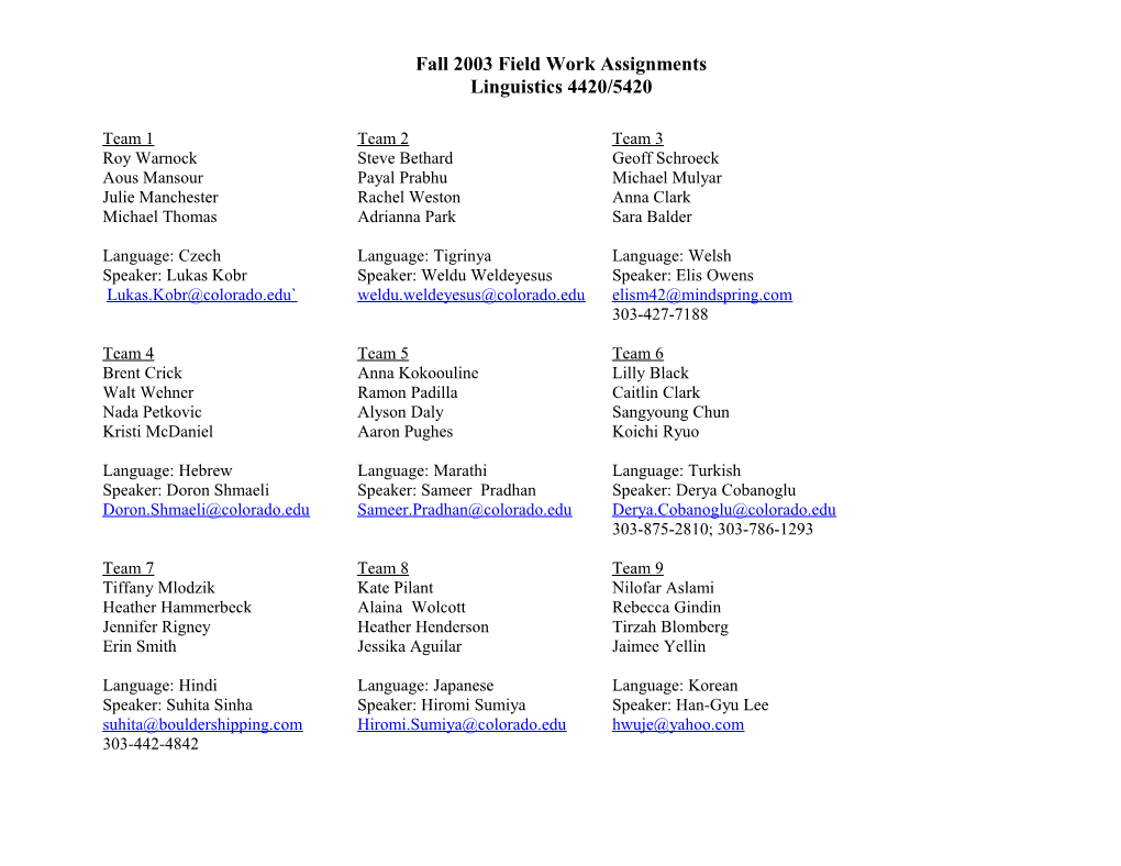 Fall 2003 Field Work Assignments