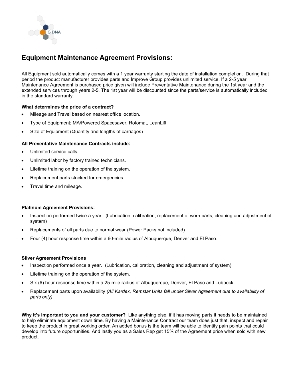 Equipment Maintenance Agreement Provisions