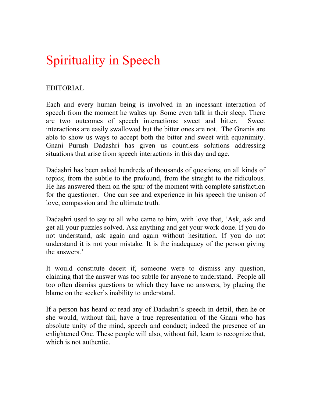 Spirituality in Speech