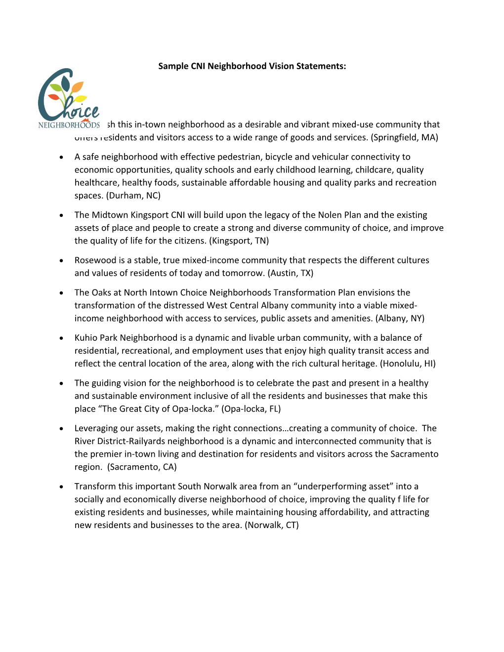 Sample CNI Neighborhood Vision Statements