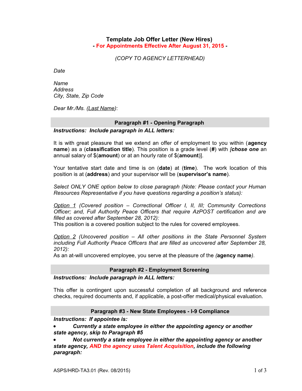 Template Job Offer Letter - Revised July 13, 2012