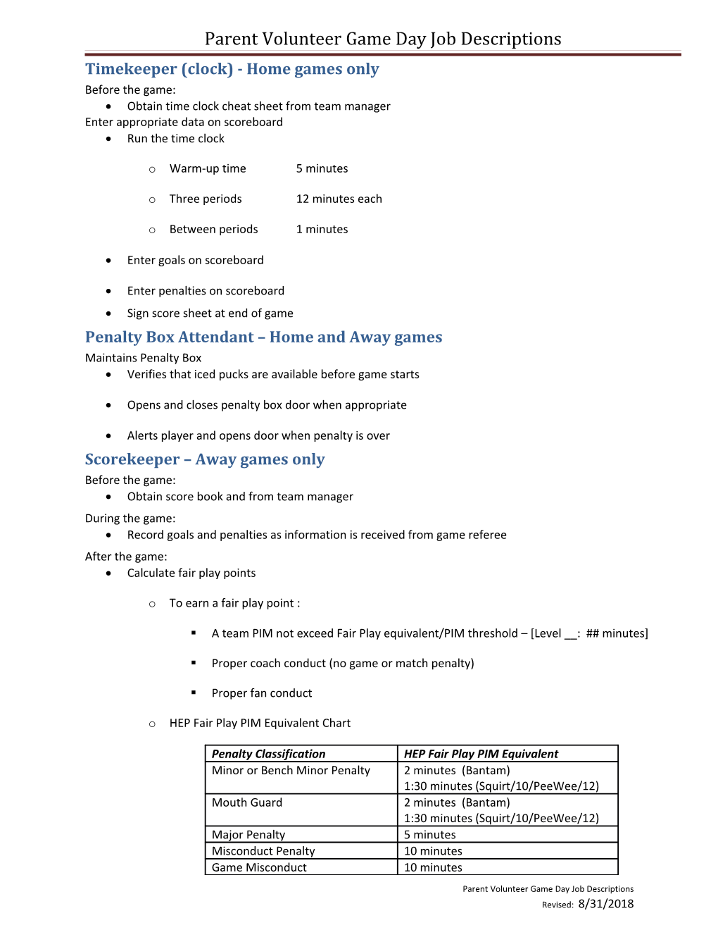 Parent Volunteer Game Day Job Descriptions