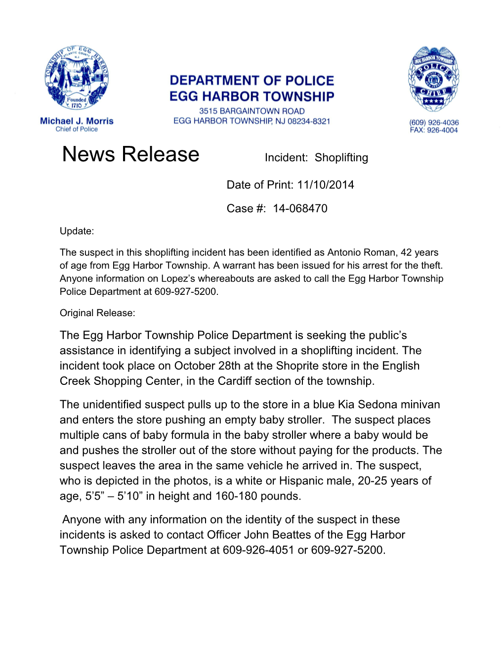 News Release Incident: Robbery Update s6