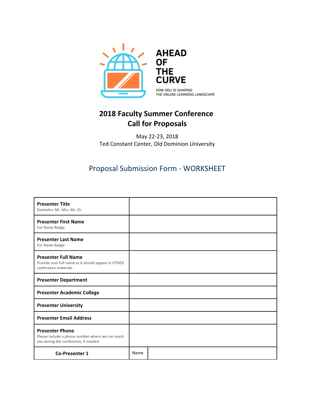 Proposal Submission Form - WORKSHEET2018 Faculty Summer Conference Ahead of the Curve