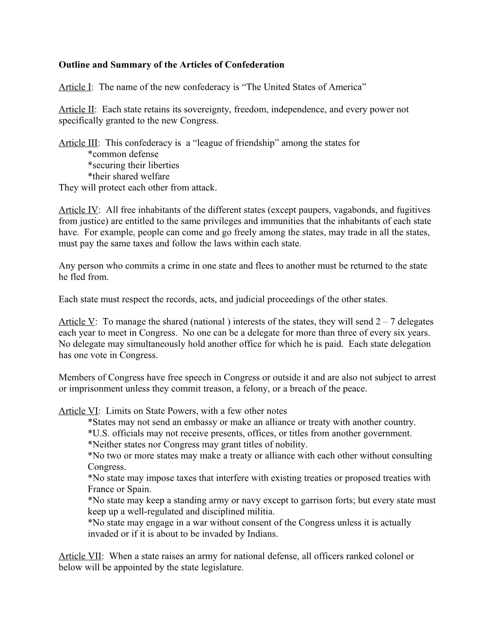 Outline and Summary of the Articles of Confederation