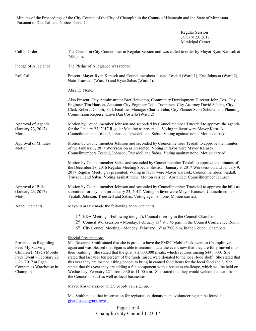 Minutes of the Proceedings of the City Council of the City of Champlin in the County Of