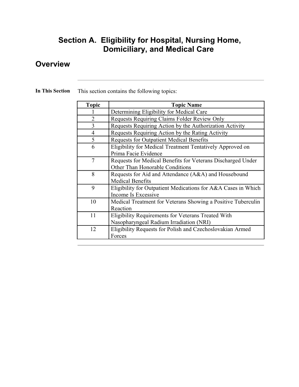 Section a Eligibility for Hospital, Nursing Home, Domiciliary, and Medical Care (US Department