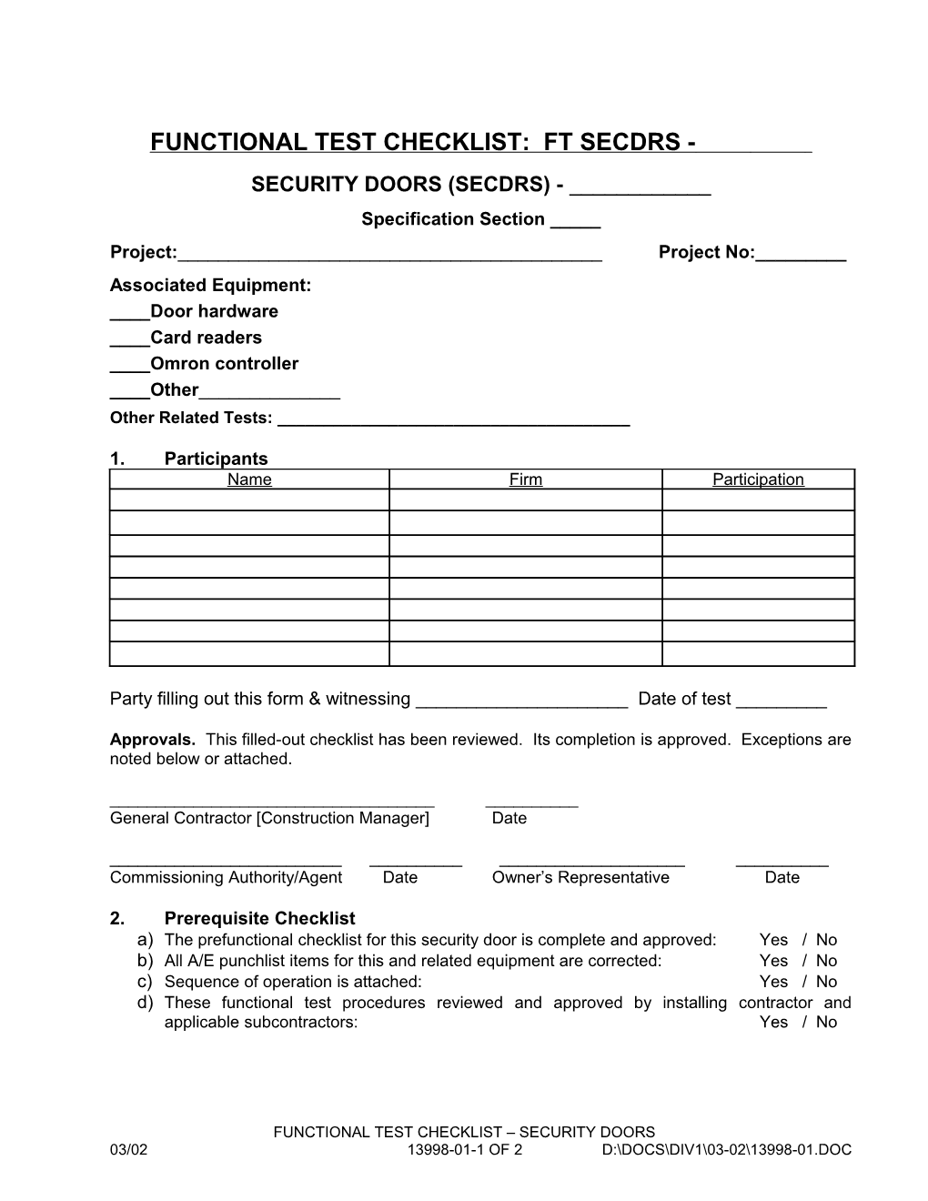 Functional Test Checklist: Ft Secdrs