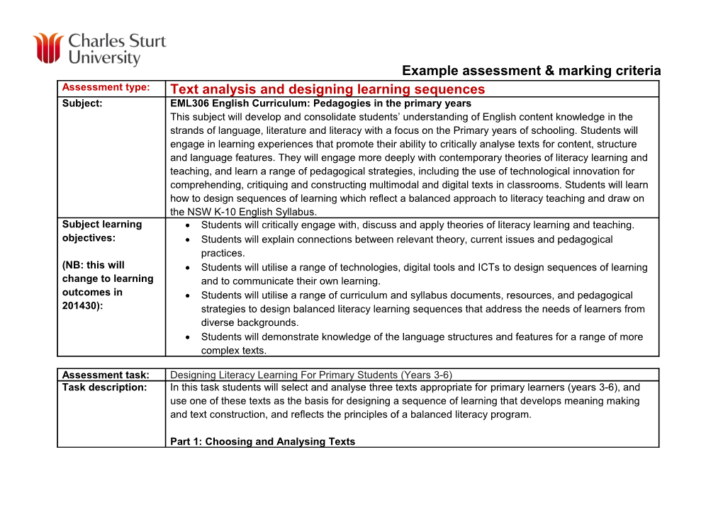 Example Assessment & Marking Criteria
