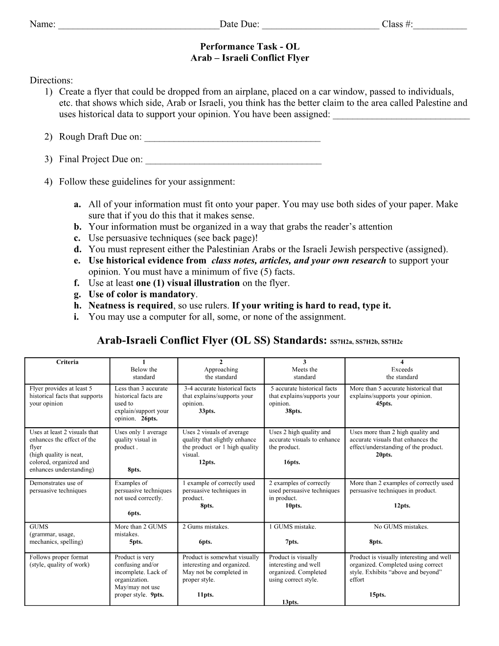 Arab-Israeli Conflict Flyer (OL SS) Standards: Ss7h2a, Ss7h2b, Ss7h2c