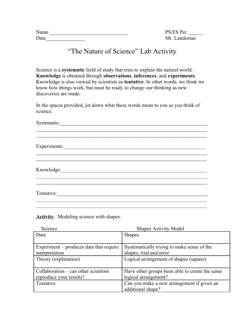 The Nature of Science Lab Activity