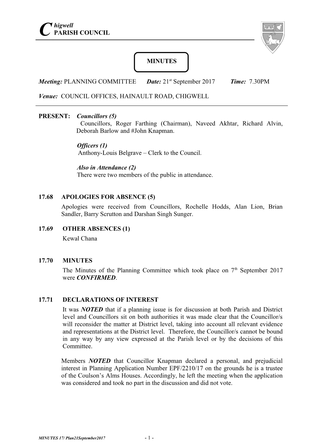 Minutes of a Special Meeting of the Chigwell Parish Council s1