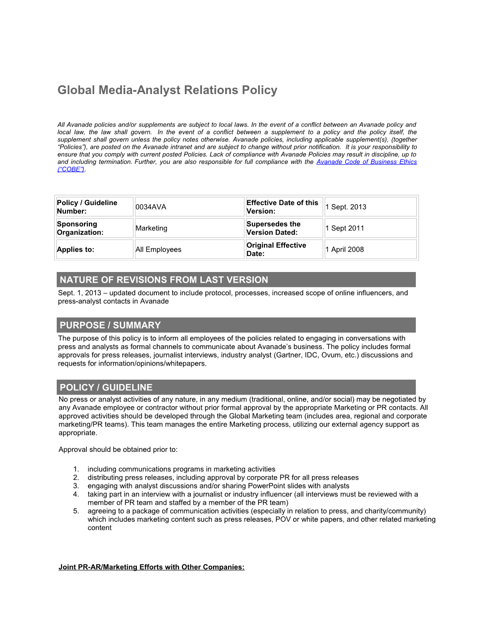 Global Media-Analyst Relations Policy