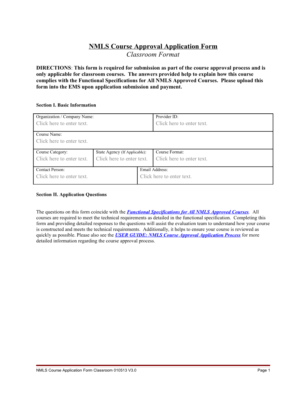 Classroom NMLS Course Application Form