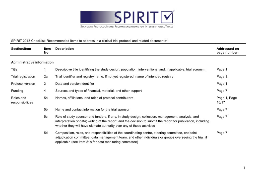 Table 1 SPIRIT 2013 Checklist: Recommended Items to Address in a Clinical Trial Protocol s4