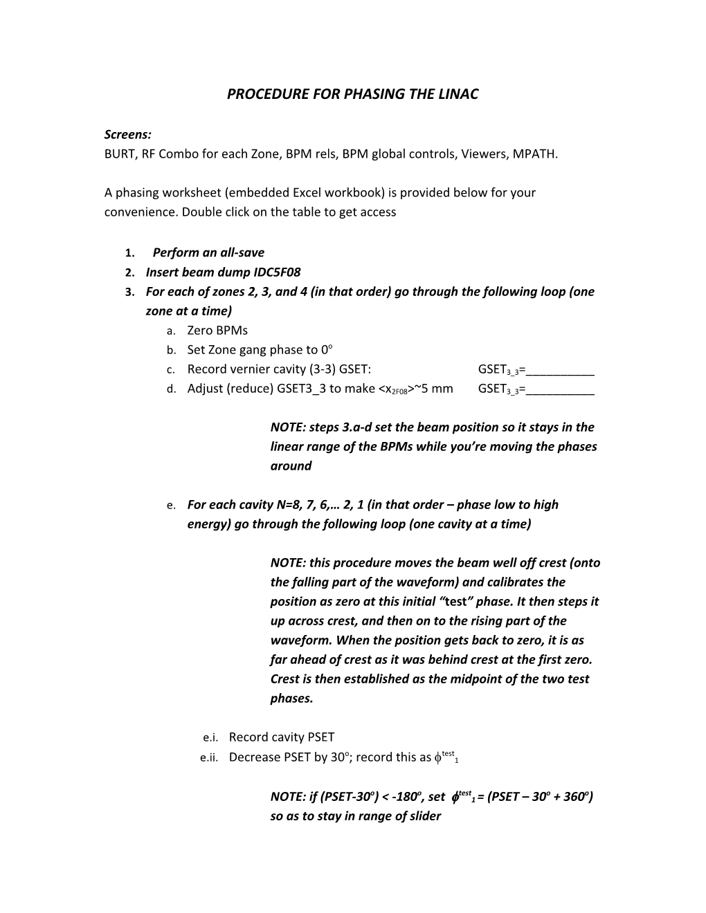 Procedure for Phasing the Linac