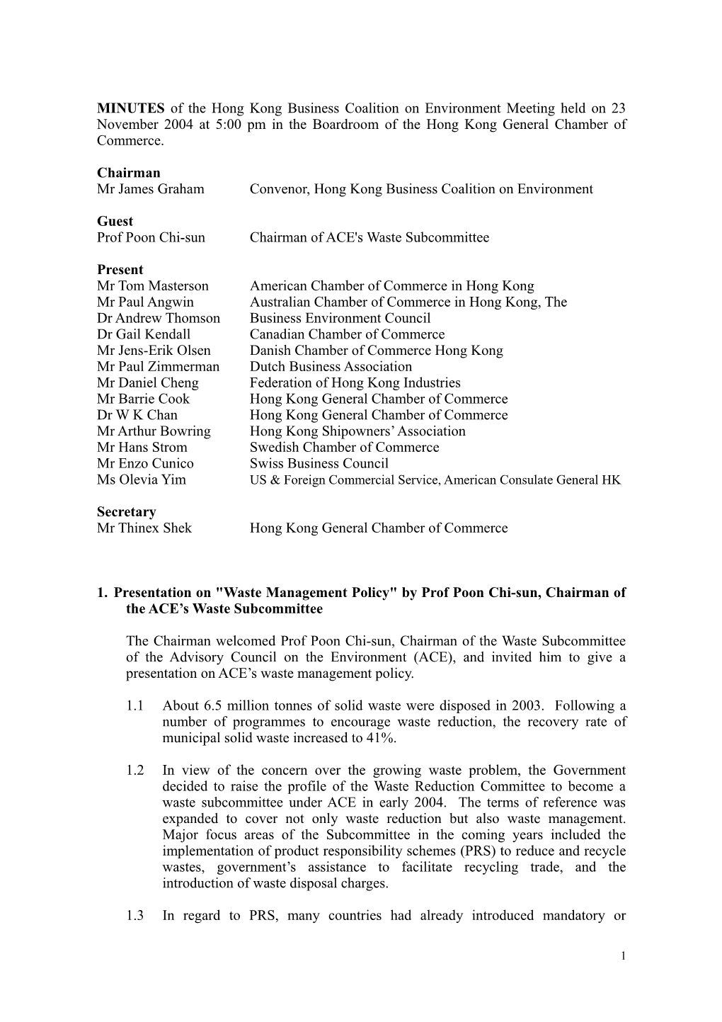 MINUTES of the Hong Kong Business Coalition on Environment Meeting Held on 21 May 2003