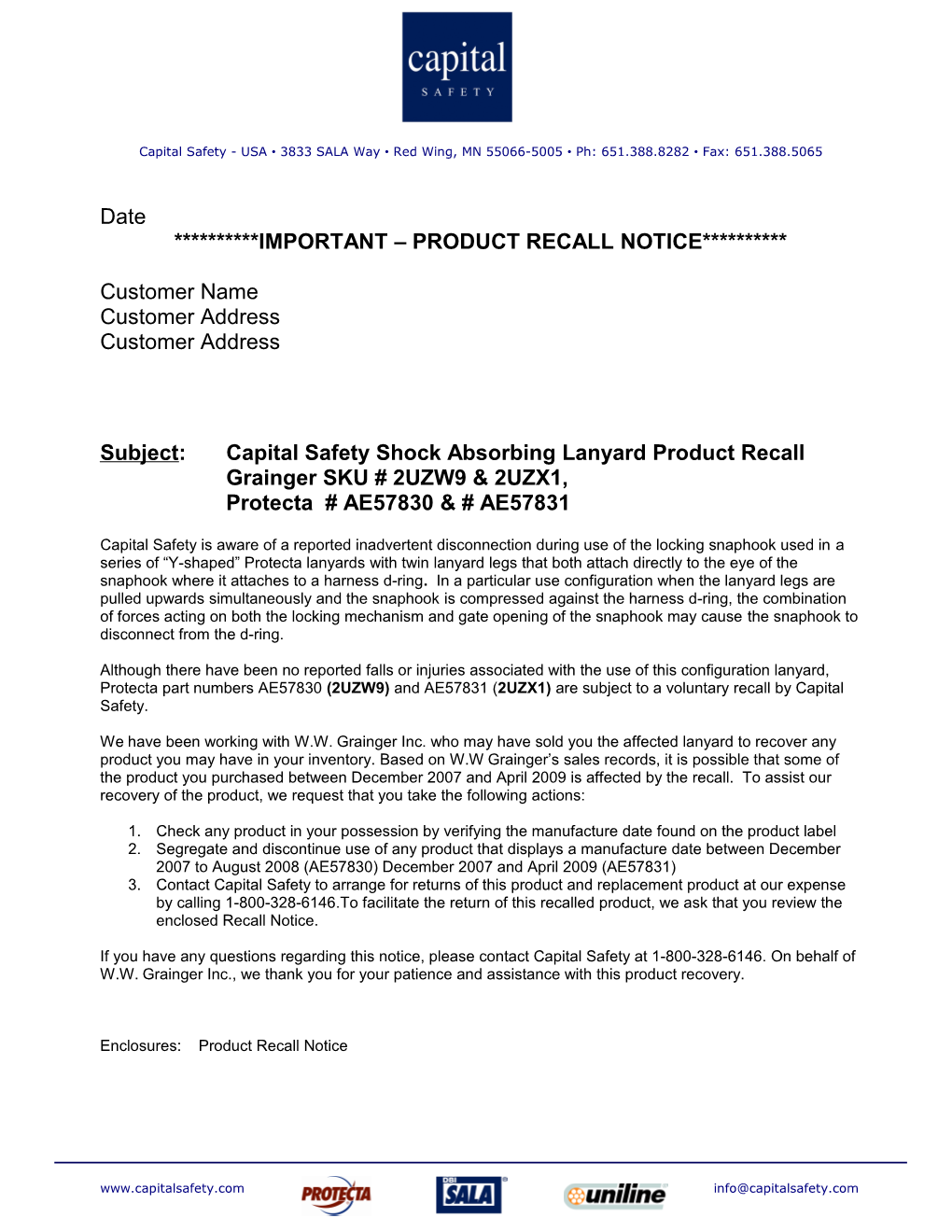Capital Safety - USA 3833 SALA Way Red Wing, MN 55066-5005 Ph: 651.388.8282 Fax: 651.388.5065