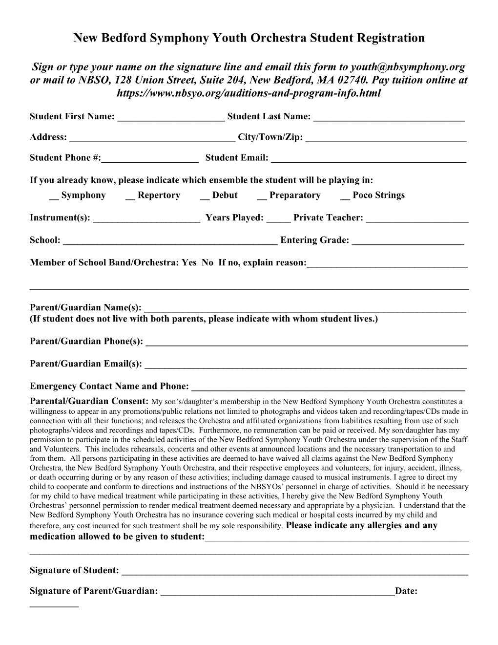 New Bedford Symphony Youth Orchestra Student Registration