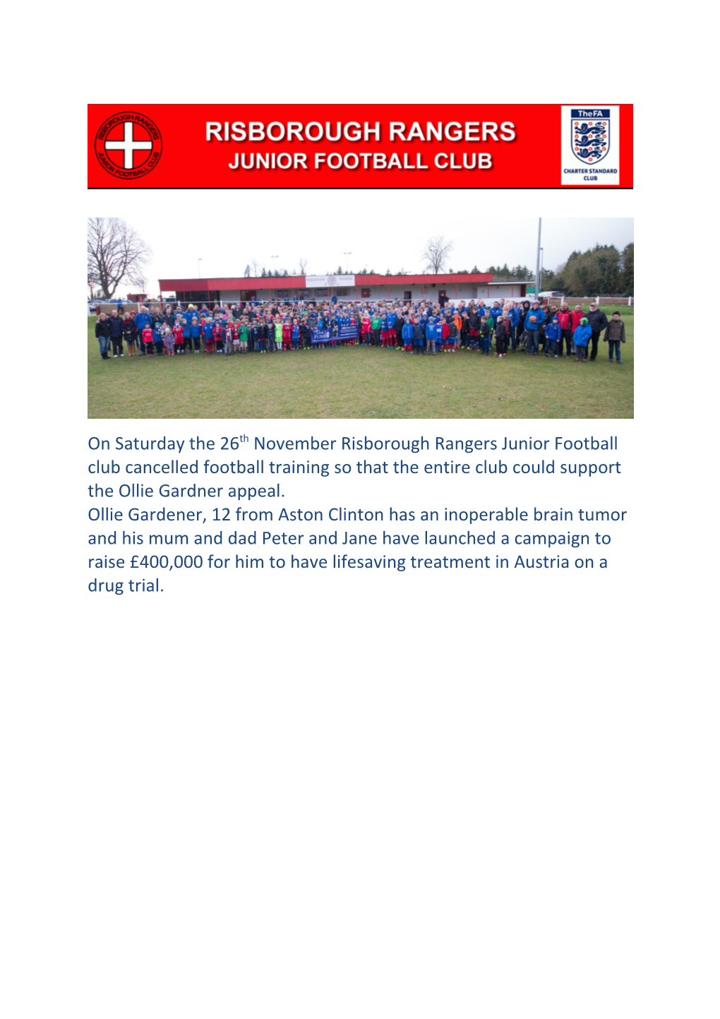 On Saturday the 26Th November Risborough Rangers Junior Football Club Cancelled Football