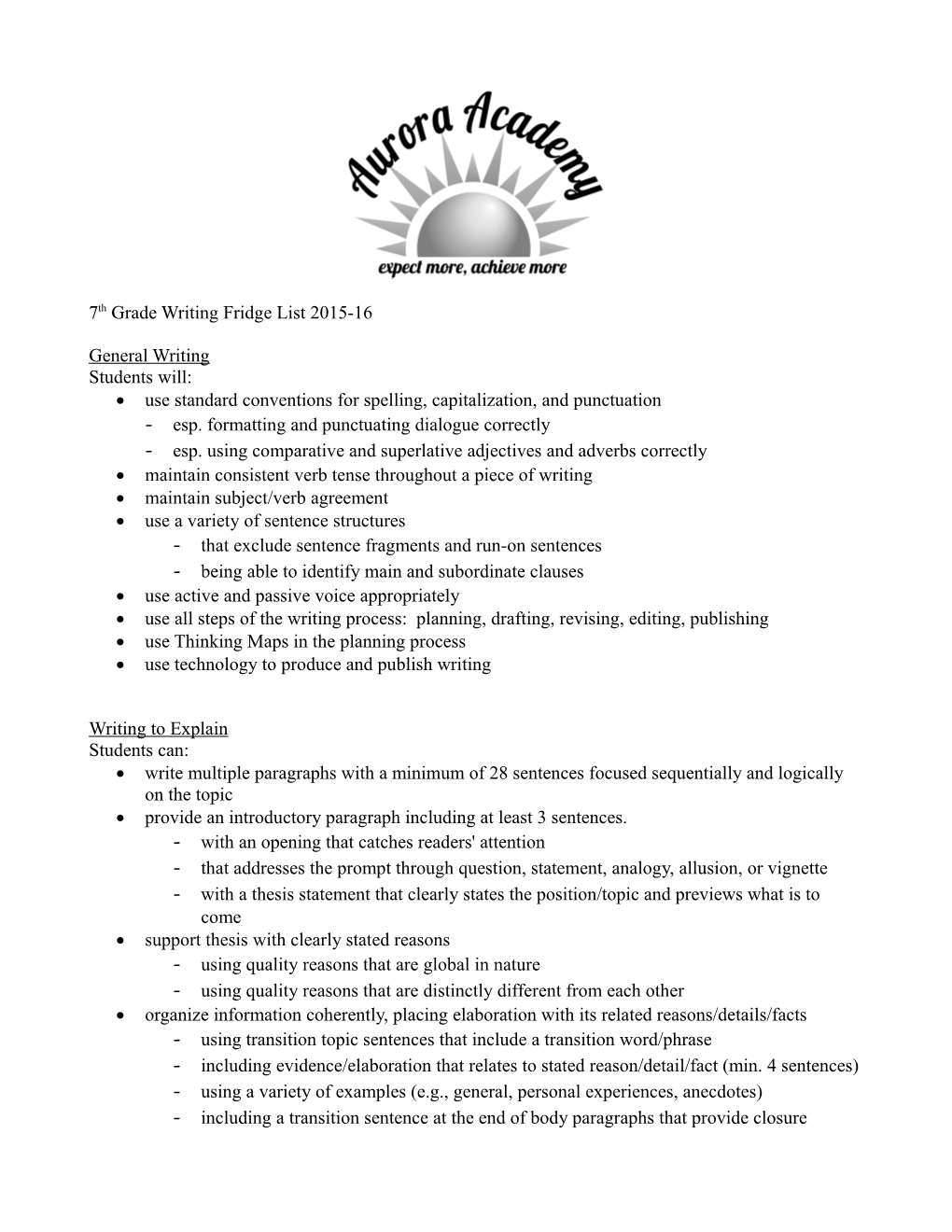 7Th Grade Writingfridge List 2015-16