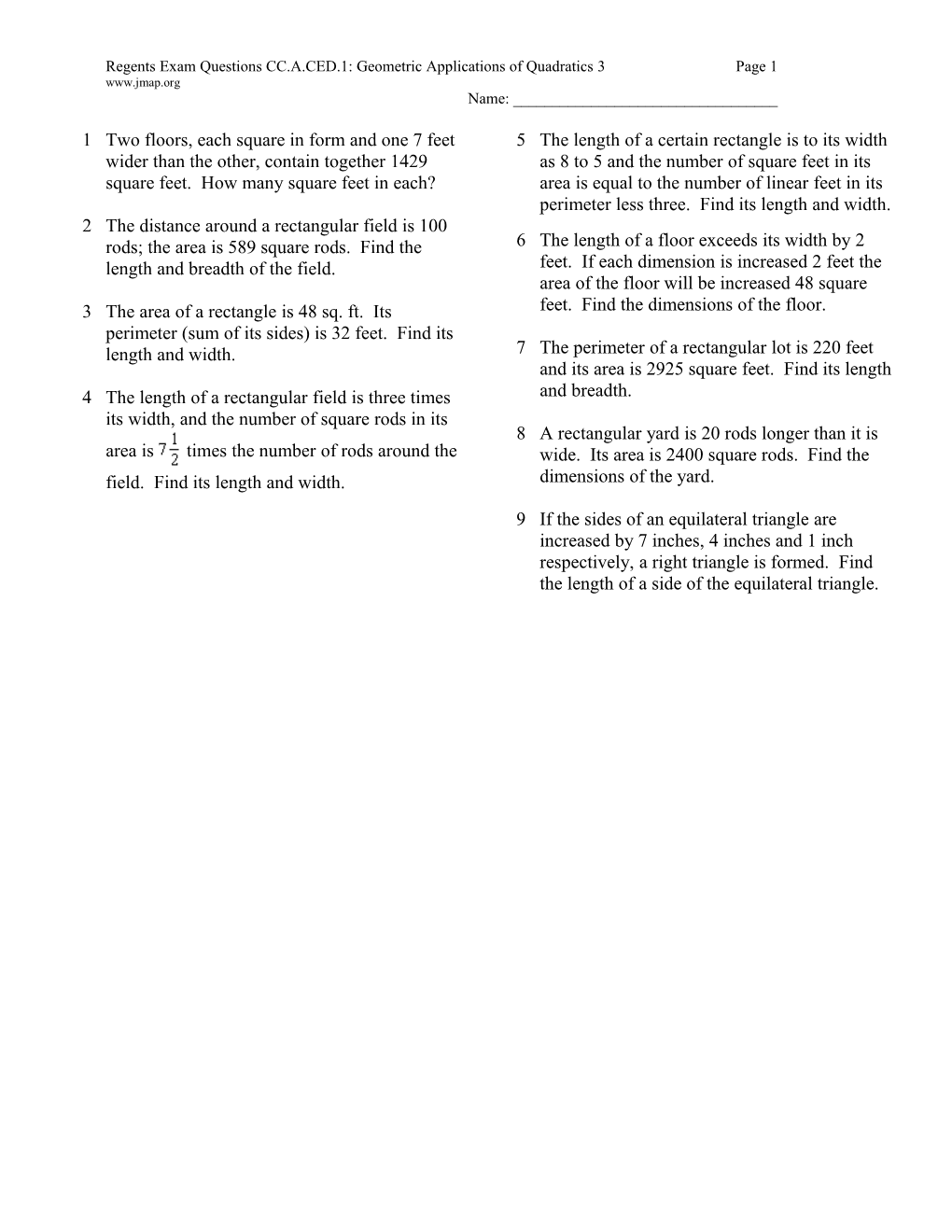 Regents Exam Questions CC.A.CED.1: Geometric Applications of Quadratics 3Page 1