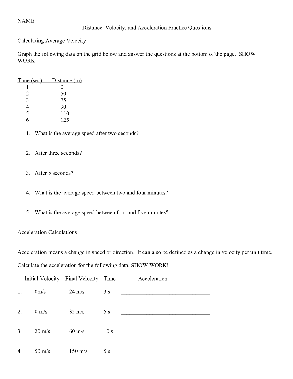 Velocity/Acceleration Worksheets s2