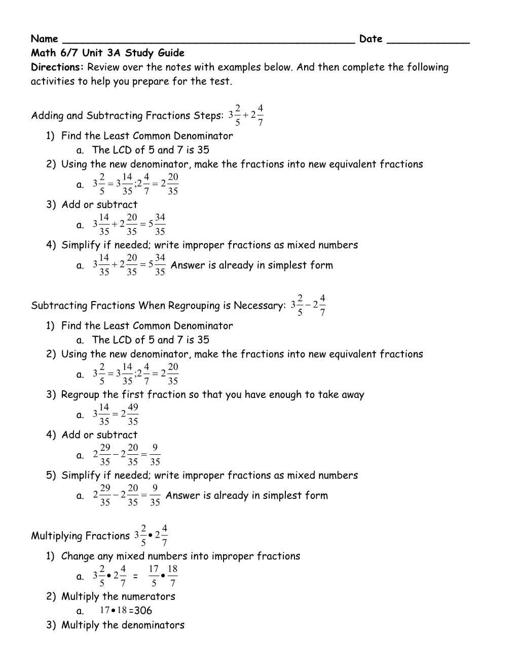 Math 6 Unit 3A Study Guide