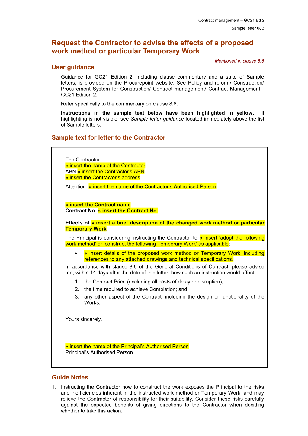 MW21 Sample Letter 9B - Request a Proposal for a Possible Variation