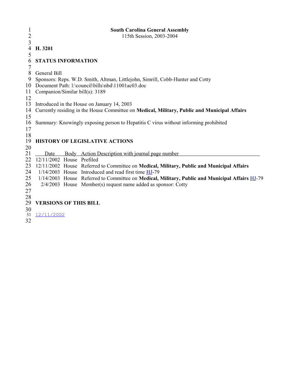 2003-2004 Bill 3201: Knowingly Exposing Person to Hepatitis C Virus Without Informing Prohibited