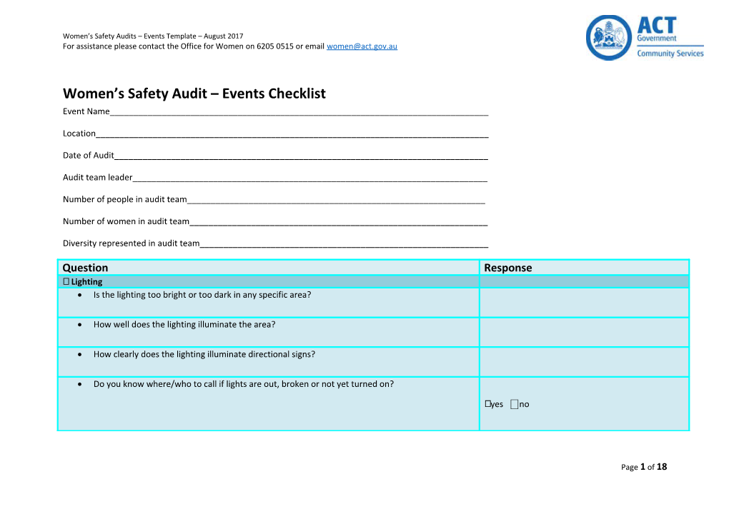Women's Safety Assessment Evaluation and Checklist Table