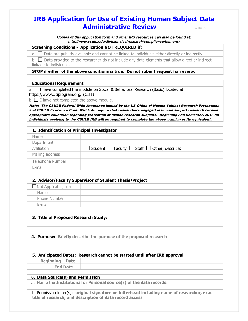 IRB Application for Use of Existing Data Administrative Review