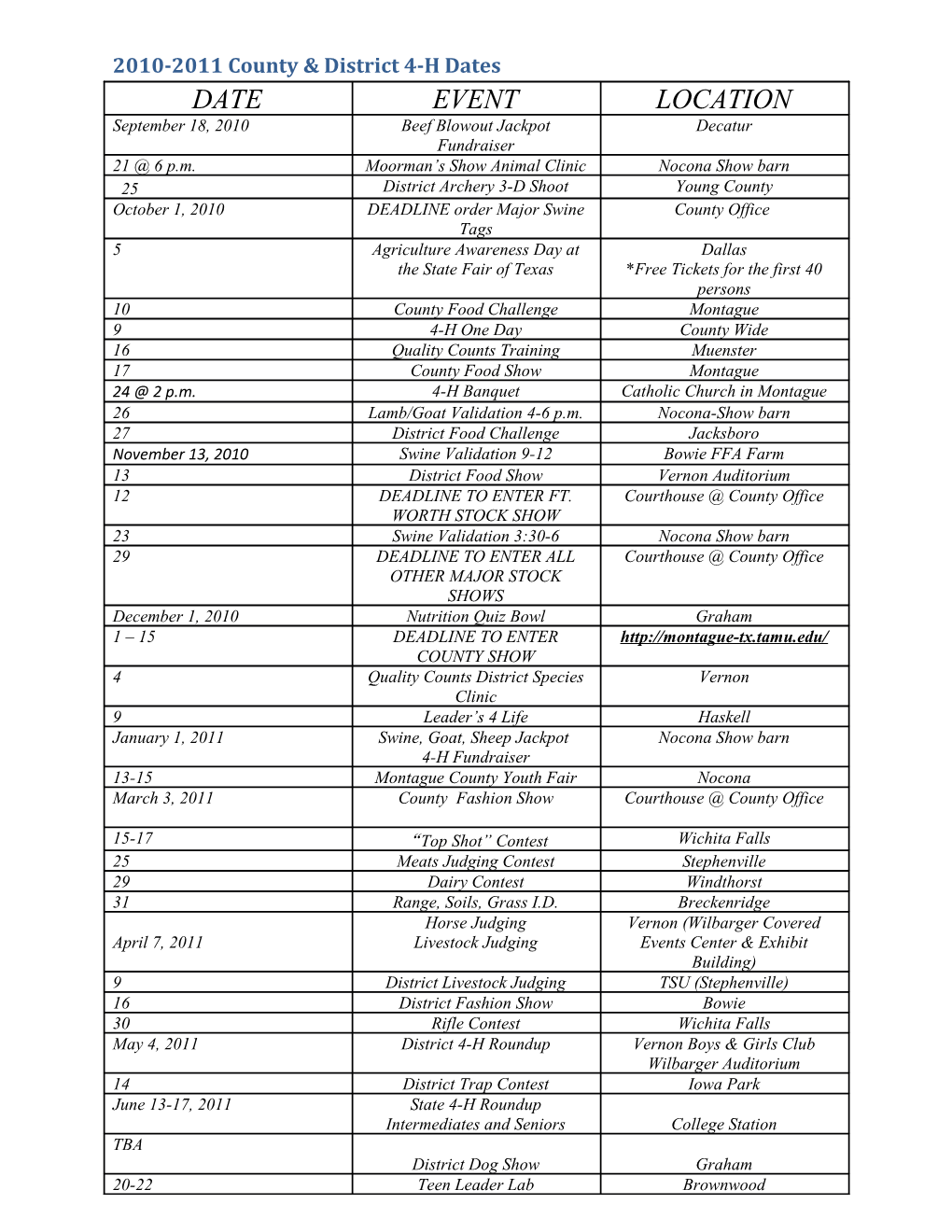 2010-2011 County & District 4-H Dates