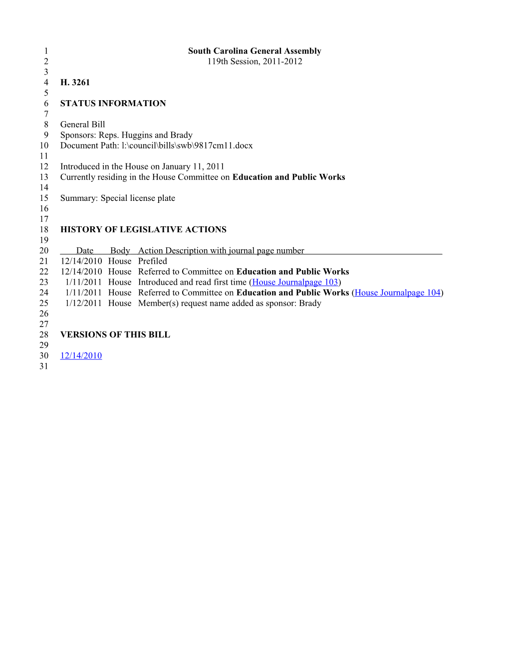 2011-2012 Bill 3261: Special License Plate - South Carolina Legislature Online