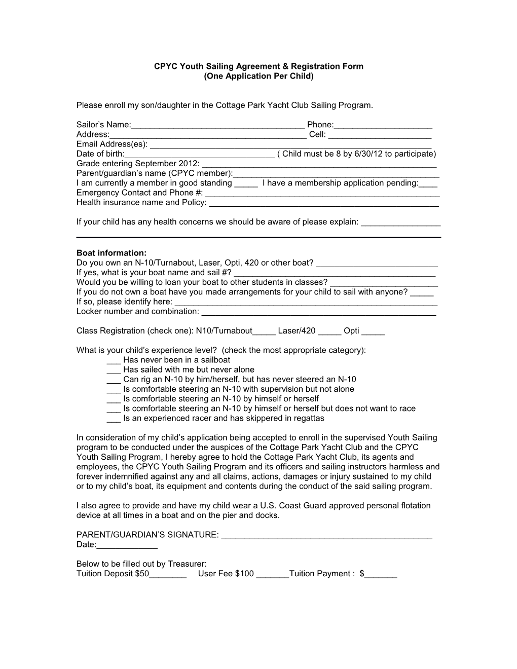 CPYC Youth Sailing Agreement & Registration Form