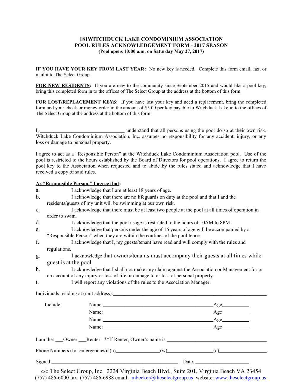 Pool Rules Acknowledgement Form - 2017 Season