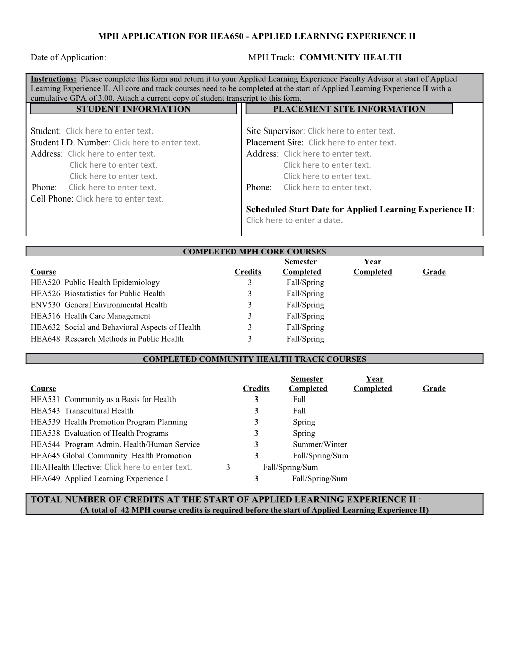 Mph Application for Hea650 - Applied Learning Experience Ii