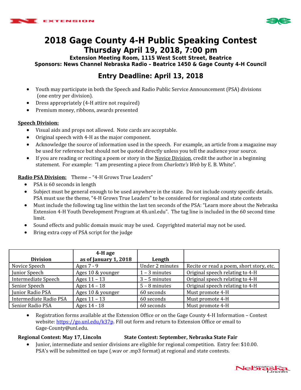 2018 Gage County 4-H Public Speaking Contest