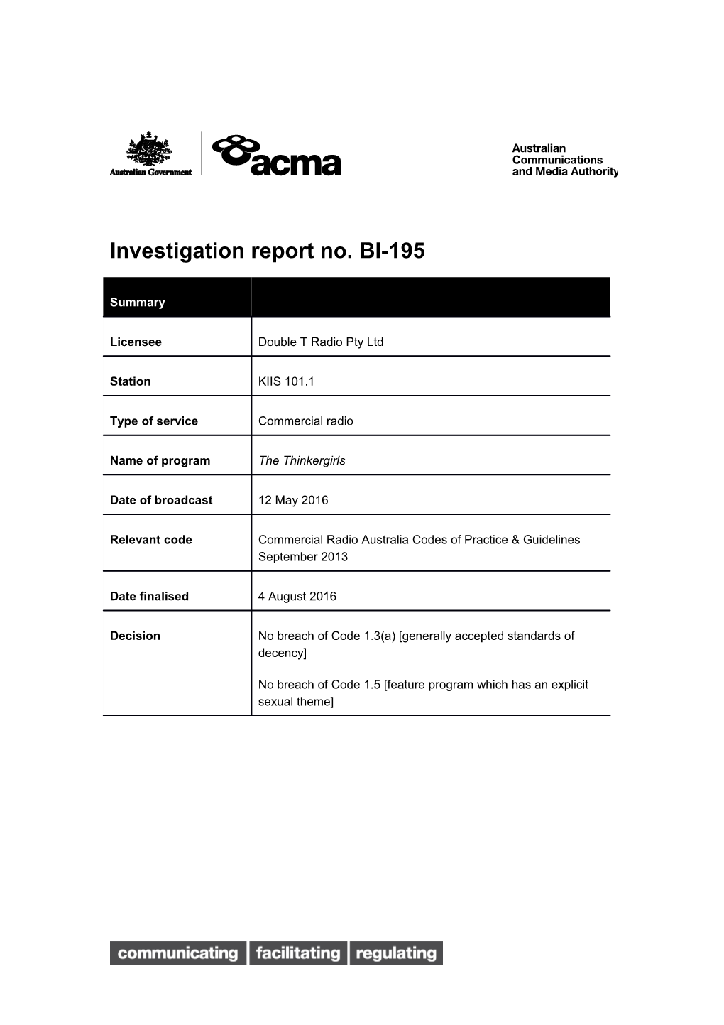 Investigation Report No. BI-195 s1