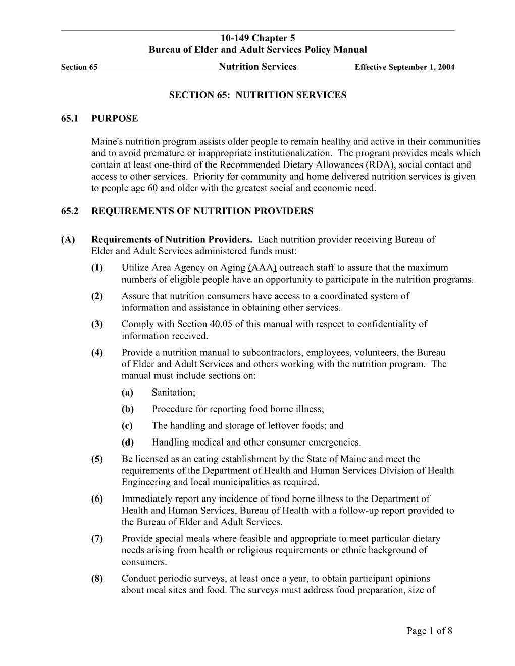 Section 65: Nutrition Services