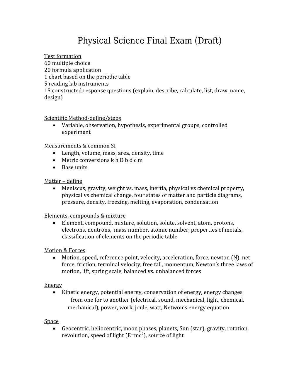 Physical Science Final Exam (Draft)