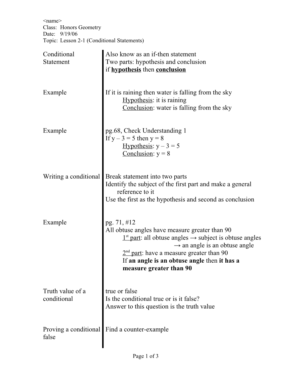 Topic: Lesson 2-1 (Conditional Statements)