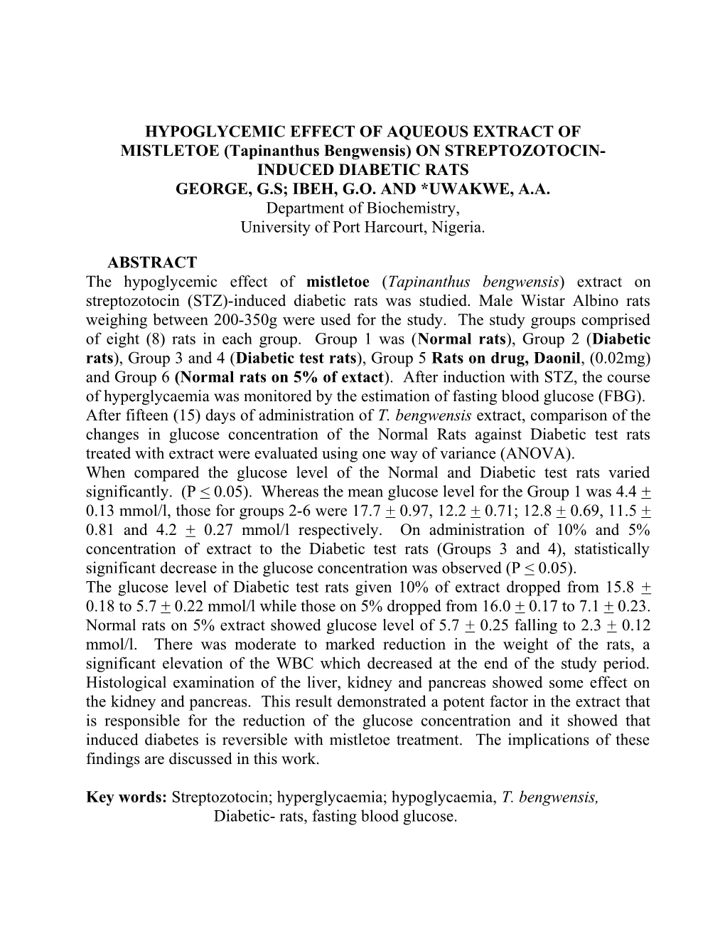 EFFECT of AQUEOUS EXTRACT of BITTER LEAF (Vernonia Amygdalina Del) on CARBON TETRA-CHLORIDE