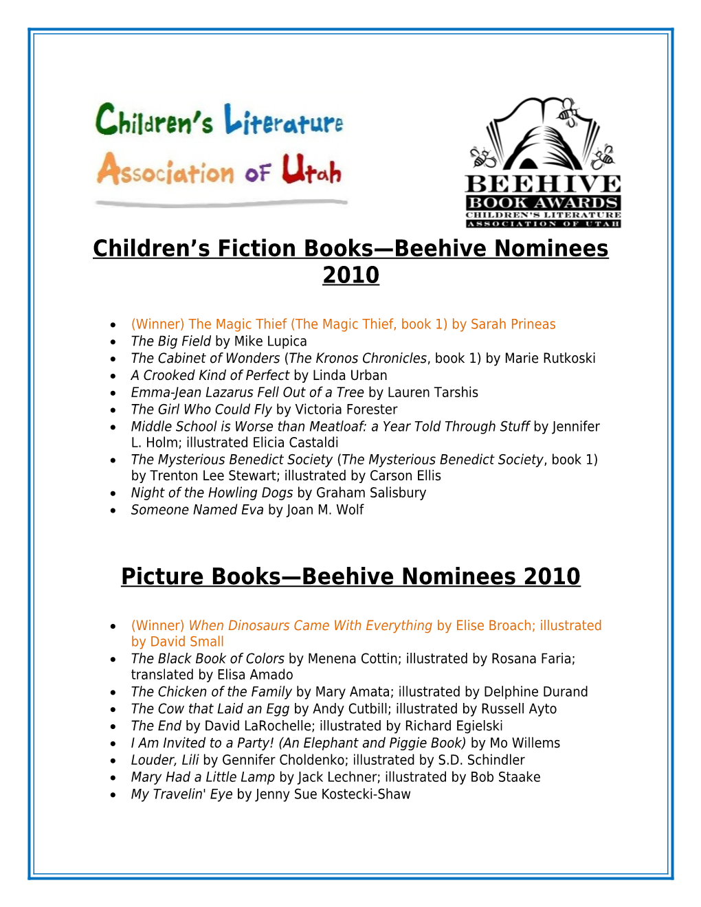 Children S Fiction Books Beehive Nominees 2010