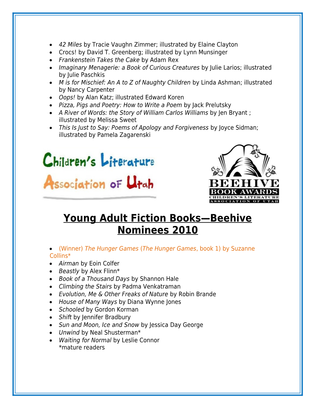 Children S Fiction Books Beehive Nominees 2010