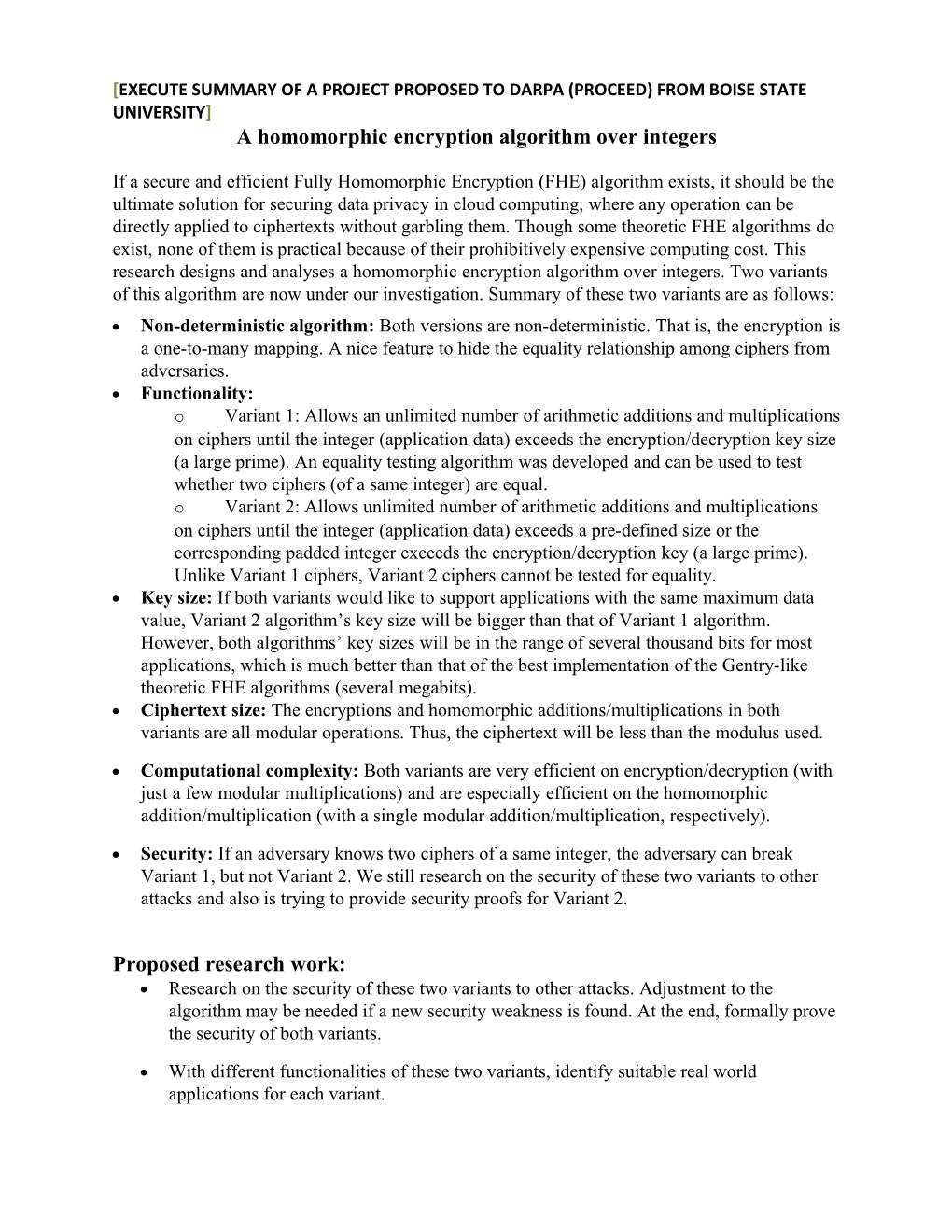 Execute Summary of a Project Proposed to Darpa (Proceed) from Boise State University