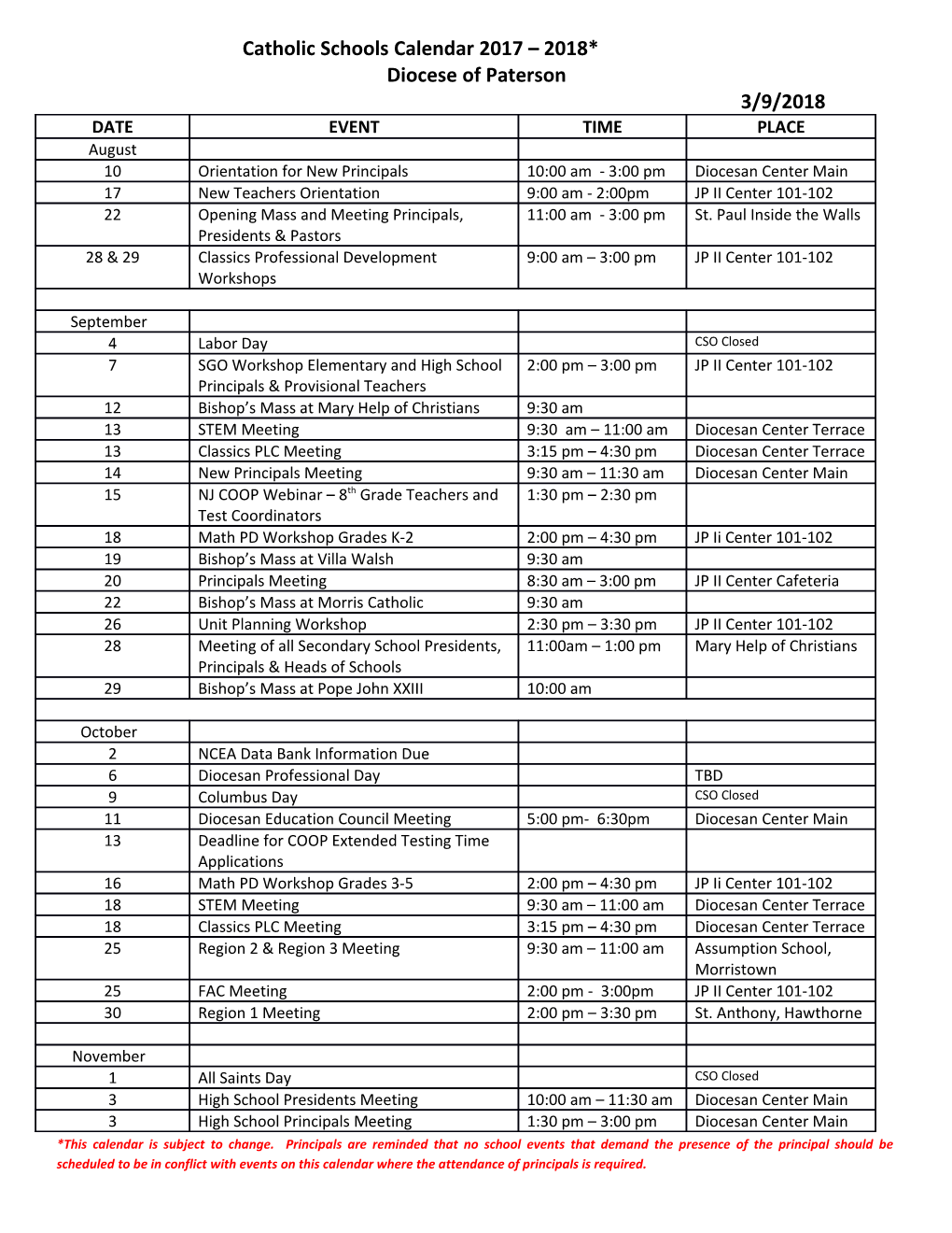 Catholic Schools Calendar 2017 2018*